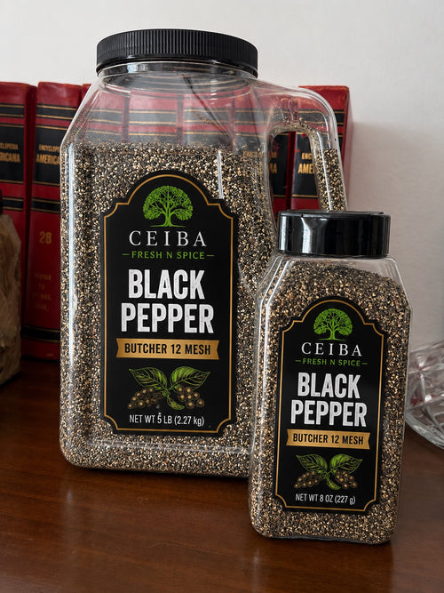 Ceiba black pepper butcher 12 mesh in 8 oz jar and 5 lb foodservice jug