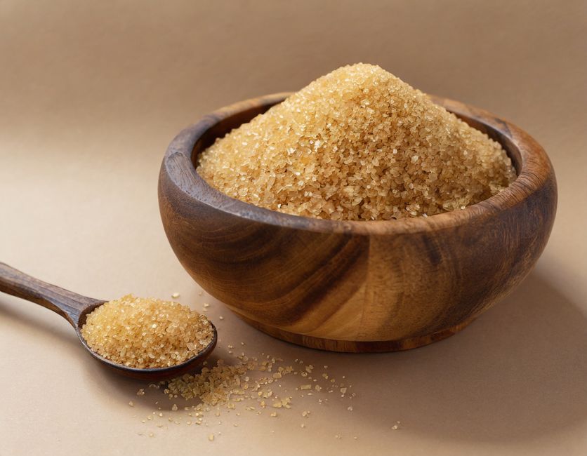 Brown Sugar - Close-up of raw brown sugar in a rustic wooden bowl with a spoon on a beige background.