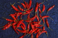 Yunnan - A collection of vibrant red chili peppers scattered on a textured blue background, highlighting their bold col