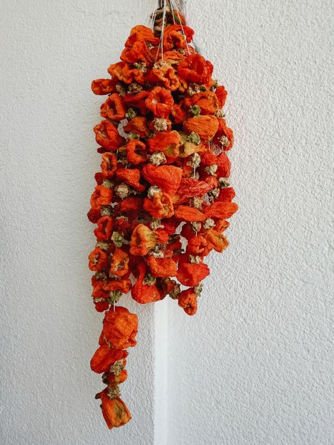 Red Bell Pepper, Diced - Vertical shot of vibrant dried orange bell peppers against a white wall, perfect for mobile wallpaper.
